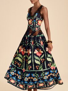 Travachic Women's Fashion Floral Print Lace Patchwork Dress - Multicolor - View 2