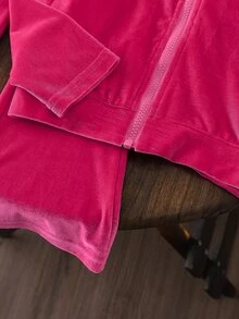 SHEIN 女童天鵝絨連帽長袖外套與長褲套裝，適合秋季，時尚百搭，穿著舒適 - 玫紅色 - 查看 7