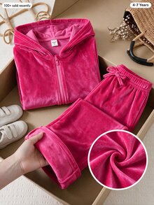 SHEIN 女童天鵝絨連帽長袖外套與長褲套裝，適合秋季，時尚百搭，穿著舒適 - 玫紅色 - 查看 3