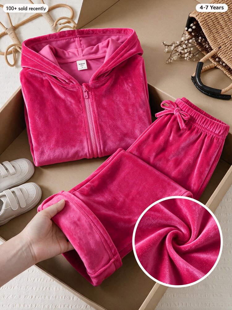 SHEIN Girls' Velvet Hooded Long Sleeve Jacket And Pants Set, Suitable For Autumn/Winter, Fashionable And Versatile, Comfortable To Wear - Hot Pink - View 3