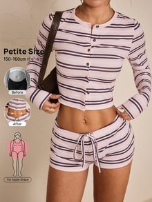 SHEIN PETITE طقم نسائي كاجوال يومي من قطعتين: توب مخطط بأكمام طويلة وشورت - متعدد الألوان - مشاهدة 1