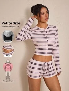 SHEIN PETITE طقم نسائي كاجوال يومي من قطعتين: توب مخطط بأكمام طويلة وشورت - متعدد الألوان - مشاهدة 3