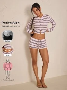SHEIN PETITE طقم نسائي كاجوال يومي من قطعتين: توب مخطط بأكمام طويلة وشورت - متعدد الألوان - مشاهدة 4