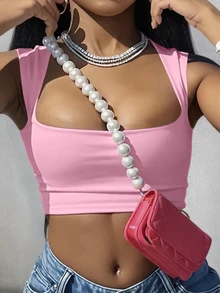 Slaydiva Pink Casual Minimalist Solid Color Versatile Women Square Neck Short Camisole Top, Suitable For Summer Back To School - Pink - View 7