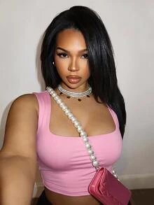 Slaydiva Pink Casual Minimalist Solid Color Versatile Women Square Neck Short Camisole Top, Suitable For Summer Back To School - Pink - View 2