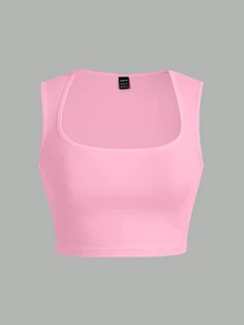 Slaydiva Pink Casual Minimalist Solid Color Versatile Women Square Neck Short Camisole Top, Suitable For Summer Back To School - Pink - View 3