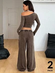 Coolane 女士日常穿搭必备针织弹力舒适不对称领长袖上衣和阔腿运动裤套装两件套 - 棕色 - 查看 6