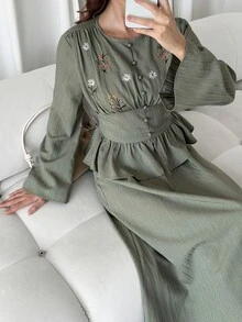 Solavon 女款優雅長袖刺繡荷葉邊上衣與長裙兩件套休閒端莊套裝 - 綠色 - 查看 4
