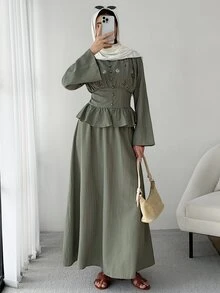 Solavon 女款優雅長袖刺繡荷葉邊上衣與長裙兩件套休閒端莊套裝 - 綠色 - 查看 8