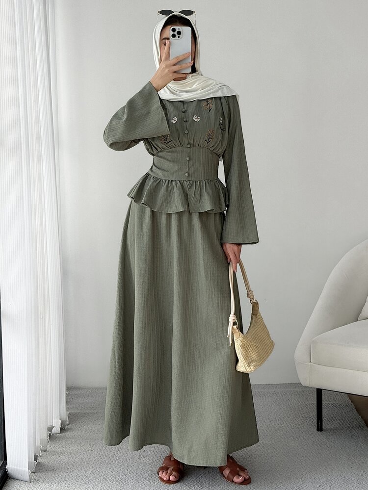 Solavon Women's Elegant Long Sleeve Embroidered Peplum Top And Maxi Skirt Two Piece Set Casual Modest Outfit - Green - View 7