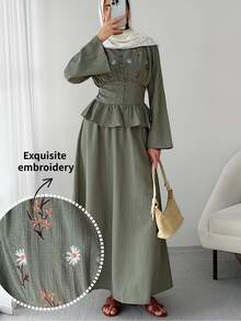 Solavon 女款優雅長袖刺繡荷葉邊上衣與長裙兩件套休閒端莊套裝 - 綠色 - 查看 3