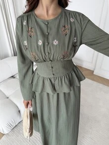 Solavon 女款優雅長袖刺繡荷葉邊上衣與長裙兩件套休閒端莊套裝 - 綠色 - 查看 6