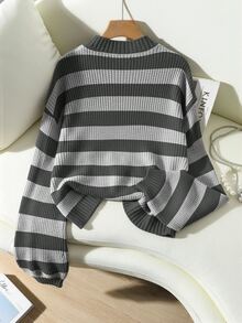 SHEIN 女款條紋落肩長袖休閒套頭毛衣 - 彩色 - 查看 2