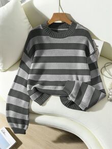 SHEIN 女款條紋落肩長袖休閒套頭毛衣 - 彩色 - 查看 4