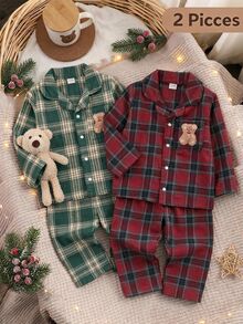SHEIN Vintaside Kids Baby Boy Autumn/Winter Christmas Pajamas Lapel Woven Long Sleeve Pants Embroidery Patch Red Bear Pieces - Red - View 1