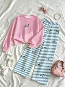 Girls' 2-Piece Set Cute Cartoon Dog Pattern Loose Sweatshirt And Casual Striped Straight Leg Pants Comfortable Outfit, Autumn/Winter - Multicolor - View 4