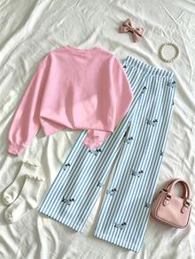 Girls' 2-Piece Set Cute Cartoon Dog Pattern Loose Sweatshirt And Casual Striped Straight Leg Pants Comfortable Outfit, Autumn/Winter - Multicolor - View 2
