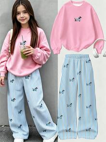 Girls' 2-Piece Set Cute Cartoon Dog Pattern Loose Sweatshirt And Casual Striped Straight Leg Pants Comfortable Outfit, Autumn/Winter - Multicolor - View 1