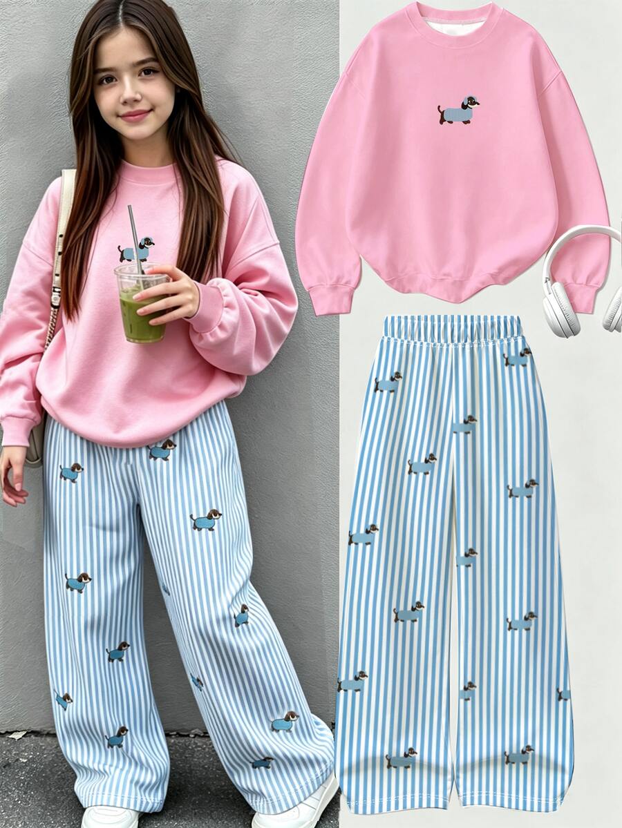 Girls' 2-Piece Set Cute Cartoon Dog Pattern Loose Sweatshirt And Casual Striped Straight Leg Pants Comfortable Outfit, Autumn/Winter - Multicolor - View 1