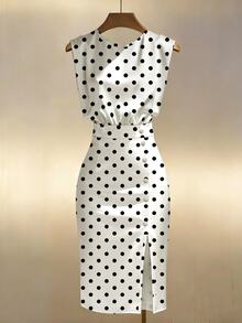 Franclia Gold-Plated Satin Sleeveless Waist-Cinched Slit Midi Dress - White - View 1