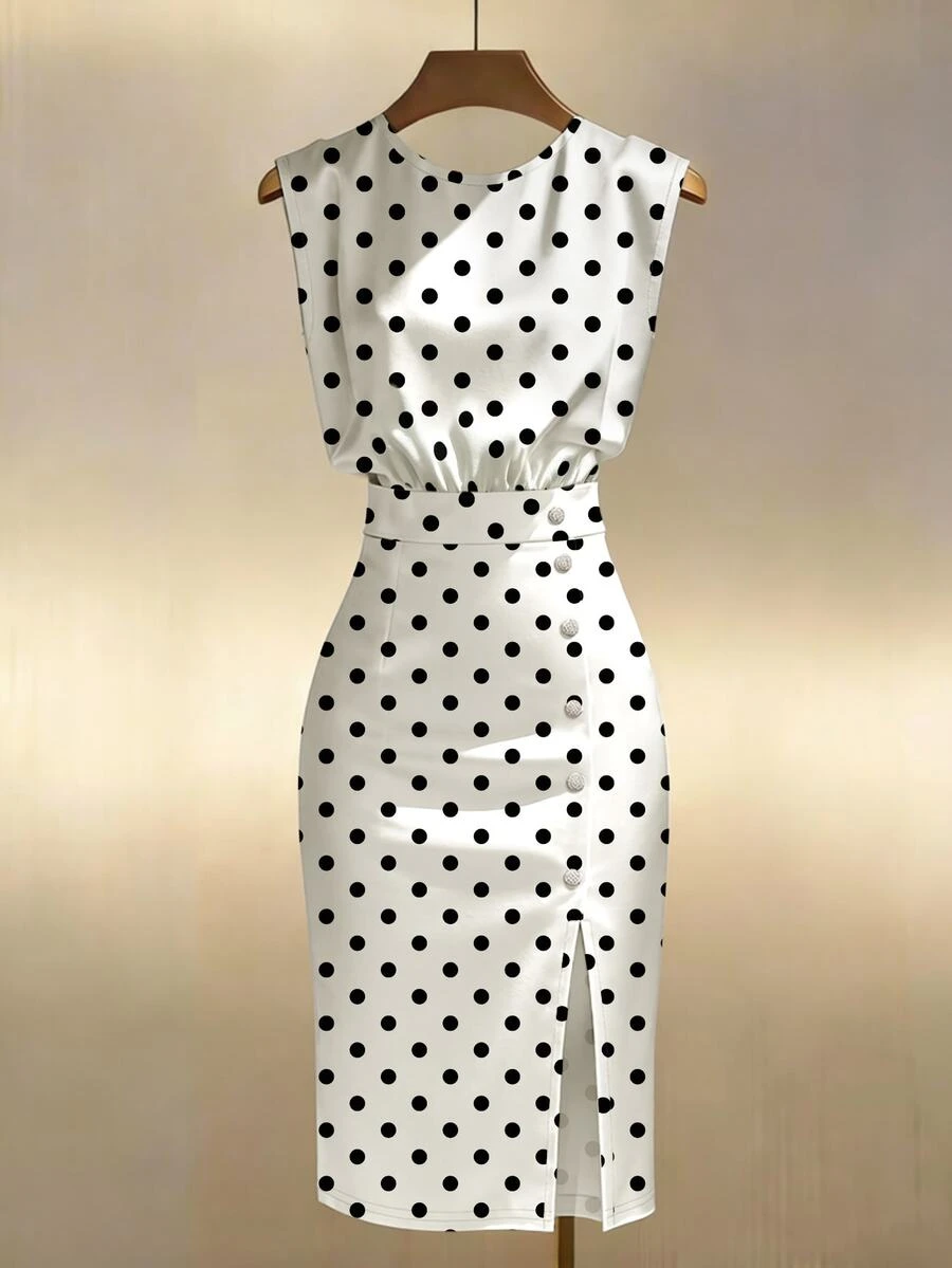 Franclia Gold-Plated Satin Sleeveless Waist-Cinched Slit Midi Dress - White - View 1