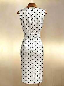 Franclia Gold-Plated Satin Sleeveless Waist-Cinched Slit Midi Dress - White - View 2