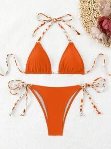 Swim Basics Women Color Block Bikini Top And Bottom Set, Random Print For Summer Beach Vacation - Multicolor - View 5