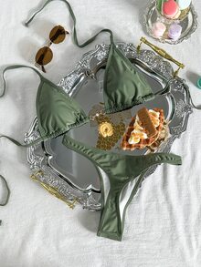 Swim Basics Women's Solid Color Halter Tie Front Sexy Bikini Set Summer - Army Green - View 4