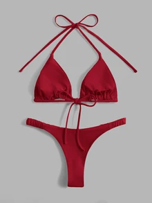 Swim Basics Women's Solid Color Halter Neck Tie Back Bikini Top And Bottom Swimwear Set, For Summer Beach Vacation - Burgundy - View 4
