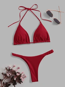 Swim Basics Women's Solid Color Halter Neck Tie Back Bikini Top And Bottom Swimwear Set, For Summer Beach Vacation - Burgundy - View 5