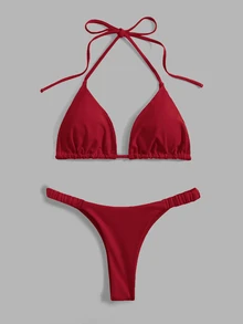 Swim Basics Women's Solid Color Halter Neck Tie Back Bikini Top And Bottom Swimwear Set, For Summer Beach Vacation - Burgundy - View 3