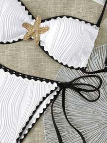 Swim Basics Women's New Summer Solid Color Bikini Set, Ocean Metallic Trim, Textured Fabric, Easy To Put On And Take Off, Woven Edge Design Sexy Bikini Set - Black and White - View 4