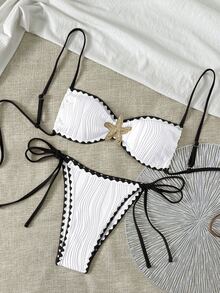 Swim Basics Women's New Summer Solid Color Bikini Set, Ocean Metallic Trim, Textured Fabric, Easy To Put On And Take Off, Woven Edge Design Sexy Bikini Set - Black and White - View 2