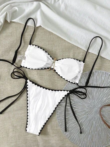 Swim Basics Women's New Summer Solid Color Bikini Set, Ocean Metallic Trim, Textured Fabric, Easy To Put On And Take Off, Woven Edge Design Sexy Bikini Set - Black and White - View 3