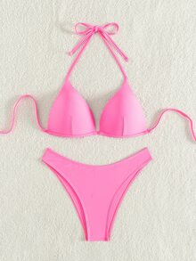 Oceva 女士夏季沙灘純色露背領帶性感比基尼套裝，加墊杯，推拉式 - 粉色 - 查看 6