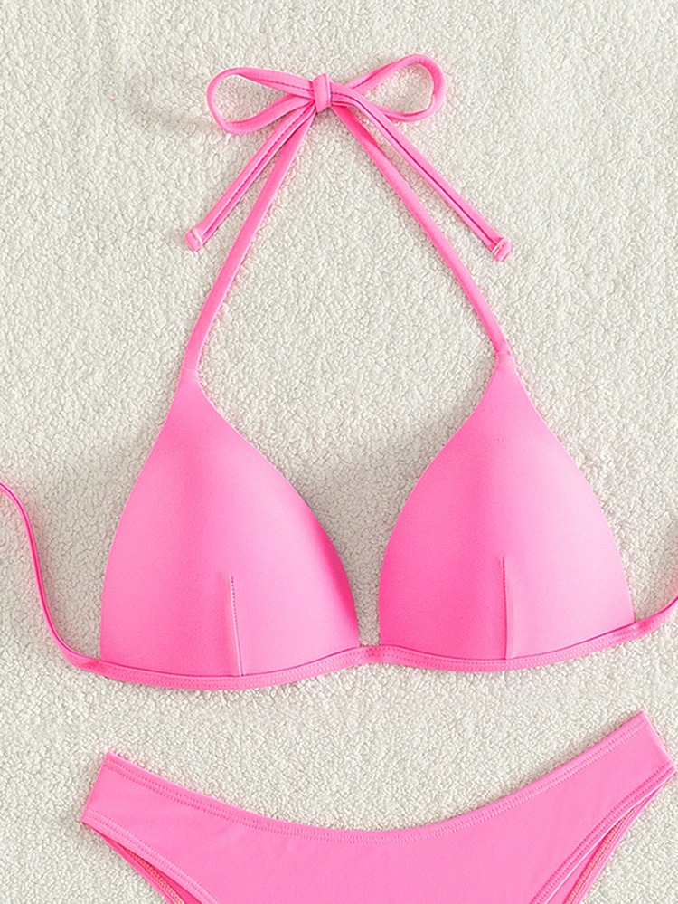 Swim Basics Set Bikini Seksi Wanita Musim Panas untuk Pantai, Warna Polos, Model Halter Neck, Terpisah, Cup Berbantalan, Push-Up - Berwarna merah muda - View 5