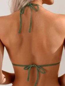 Swim Basics Solid Color Sexy One-Piece Swimsuit For Beach, Spring/Summer - Army Green - View 5
