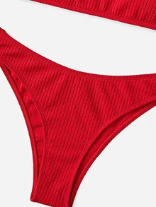 Oceva Summer Beach Ribbed Bikini Set Wireless Bra Top & Hipster Bikini Bottom 2 Pieces Bikini - Red - View 6