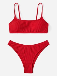 Oceva Summer Beach Ribbed Bikini Set Wireless Bra Top & Hipster Bikini Bottom 2 Pieces Bikini - Red - View 5