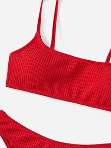 Oceva Summer Beach Ribbed Bikini Set Wireless Bra Top & Hipster Bikini Bottom 2 Pieces Bikini - Red - View 4