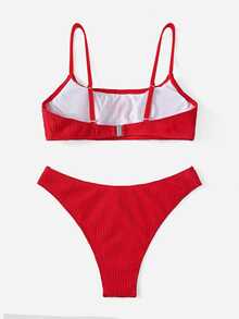 Oceva Summer Beach Ribbed Bikini Set Wireless Bra Top & Hipster Bikini Bottom 2 Pieces Bikini - Red - View 3