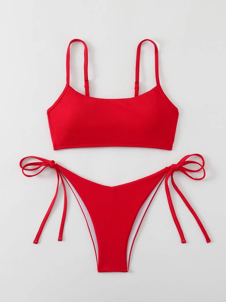 Swim Basics 2025 Simple Solid Color Bikinis For Holiday Beach Summer - Red - View 5