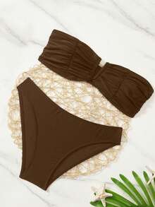 Swim Basics Solid Color Bikini Set For Beach Vacation Push Up Swimwear Push Up Swimsuits For Woman Bikinis Set For Women - Coffee Brown - View 4