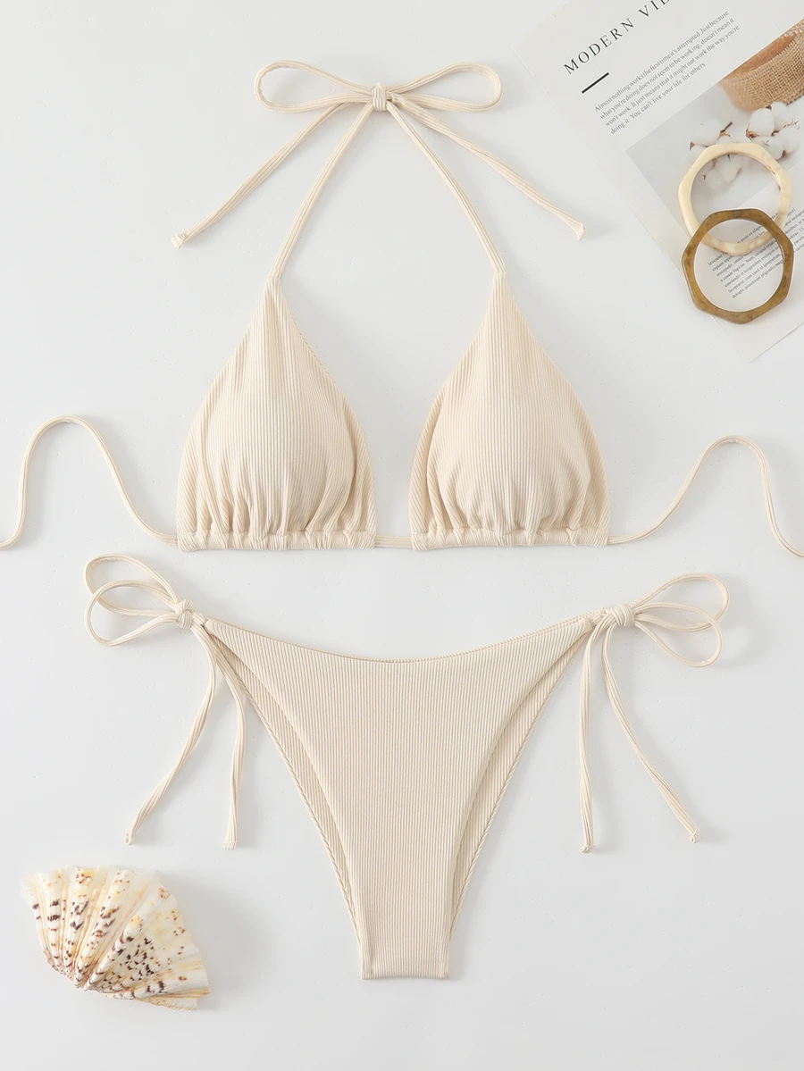 Swim Basics Swimwear Set, Triangle Cup, Thong Brief, Minimalist & Fashionable For Casual Daily Wear For Summer Beach Vacation - Beige - View 1