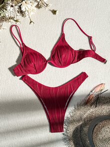 Swim Basics 2-Piece Women Summer Beach Solid Textured Sexy Bikini Swimwear Set, Push-Up, With Underwire - Burgundy - View 2