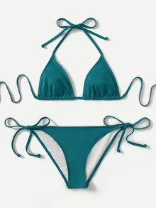 Swim Basics Conjunto de bikini de dos piezas para mujer de unicolor con tirantes al cuello simple y de moda para vacaciones, playa de verano - Agua verde azul - Ver 2