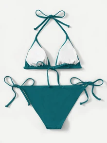 Swim Basics Conjunto de bikini de dos piezas para mujer de unicolor con tirantes al cuello simple y de moda para vacaciones, playa de verano - Agua verde azul - Ver 3
