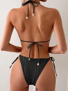 Swim Basics Women Summer Beach Holiday Solid Halter Neck Tie Bikini Set - Black - View 4