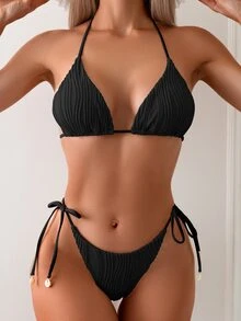 Swim Basics Women Summer Beach Holiday Solid Halter Neck Tie Bikini Set - Black - View 2