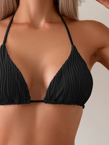 Swim Basics Women Summer Beach Holiday Solid Halter Neck Tie Bikini Set - Black - View 5